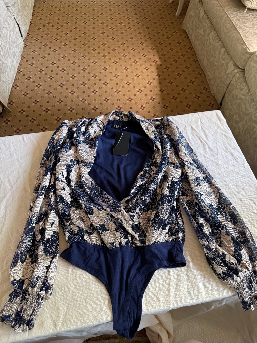 Fate Navy and Cream Floral Long-Sleeve Bodysuit